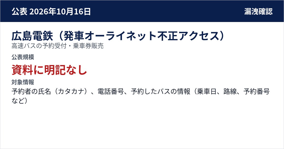 広島電鉄(発車オーライネット不正アクセス) 高速バスの予約受付・乗車券販売 公表規模:資料に明記なし