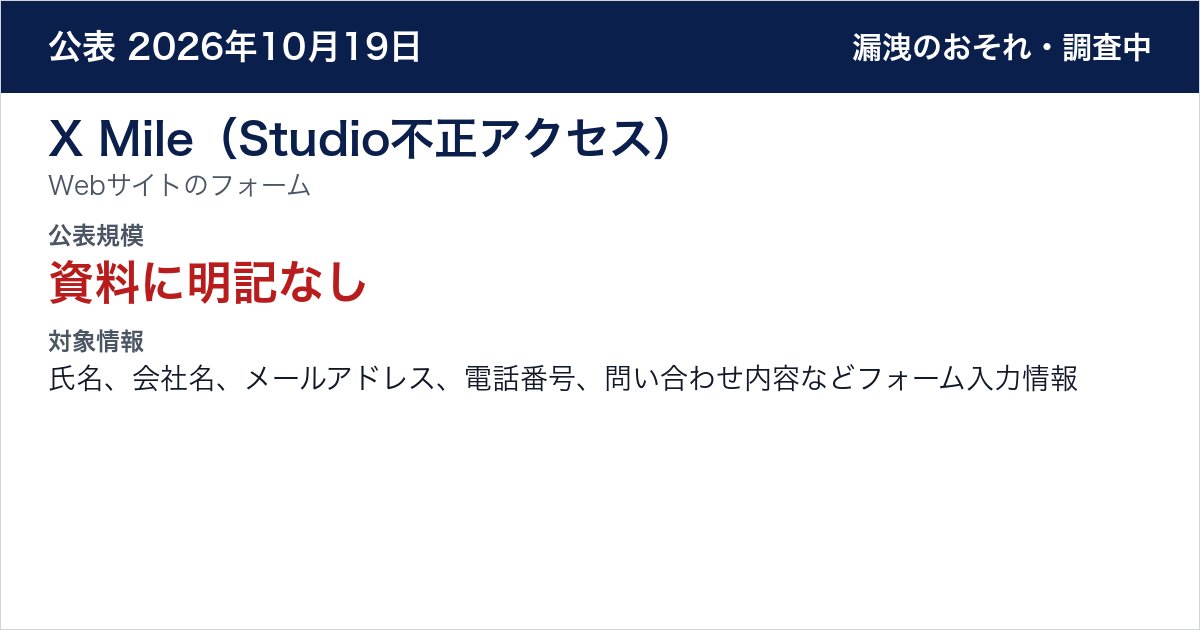 X Mile(Studio不正アクセス) Webサイトのフォーム 公表規模:資料に明記なし