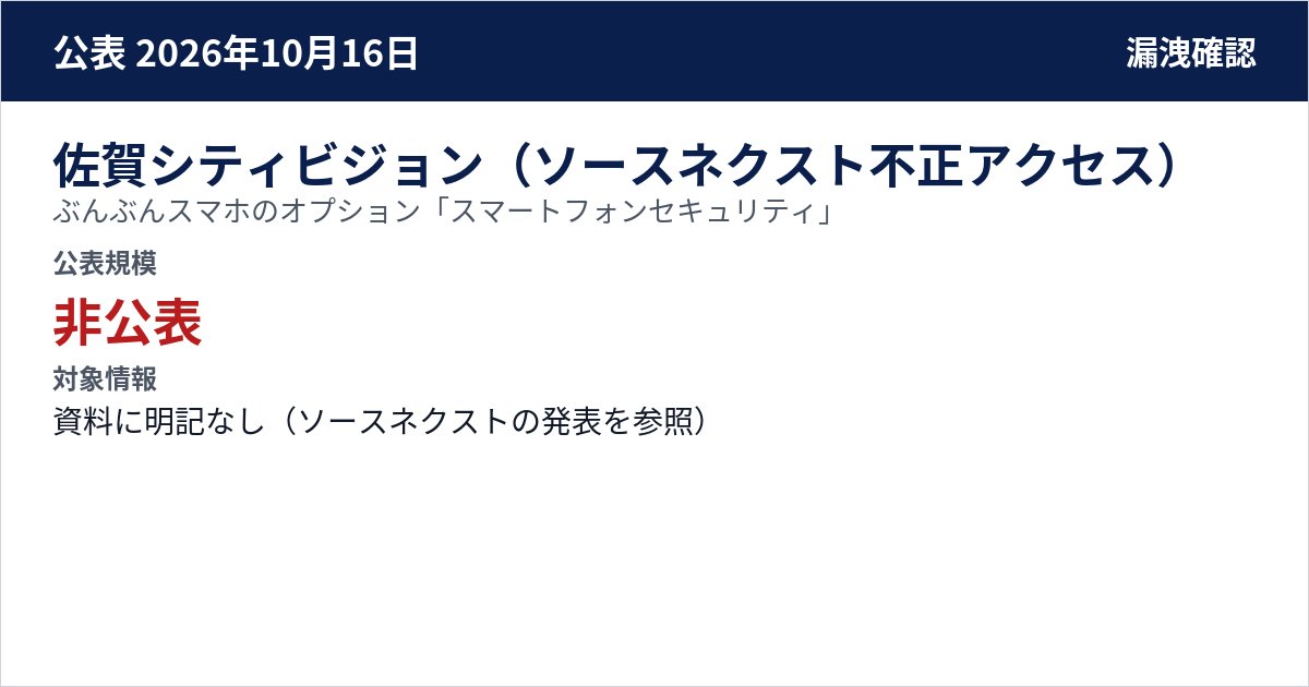 佐賀シティビジョン(ソースネクスト不正アクセス) ぶんぶんスマホのオプション「スマートフォンセキュリティ」 公表規模:非公表