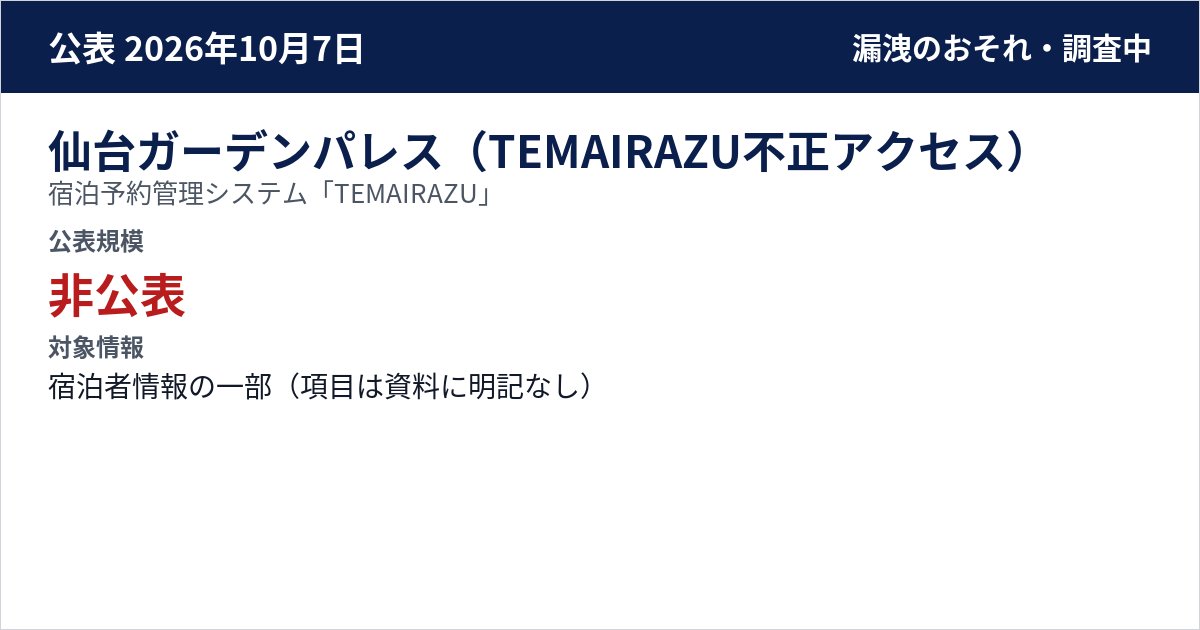 仙台ガーデンパレス(TEMAIRAZU不正アクセス) 宿泊予約管理システム「TEMAIRAZU」 公表規模:非公表