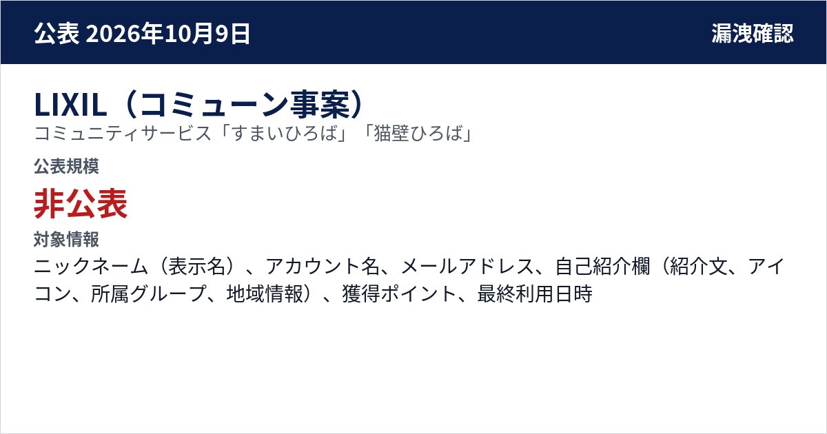 LIXIL(コミューン事案) コミュニティサービス「すまいひろば」「猫壁ひろば」 公表規模:非公表