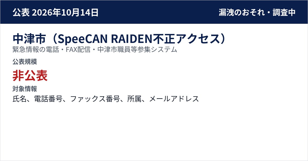 中津市(SpeeCAN RAIDEN不正アクセス) 緊急情報の電話・FAX配信・中津市職員等参集システム 公表規模:非公表