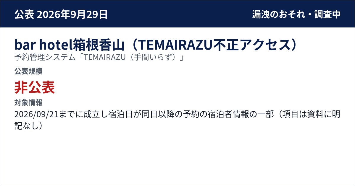 bar hotel箱根香山(TEMAIRAZU不正アクセス) 予約管理システム「TEMAIRAZU(手間いらず)」 公表規模:非公表