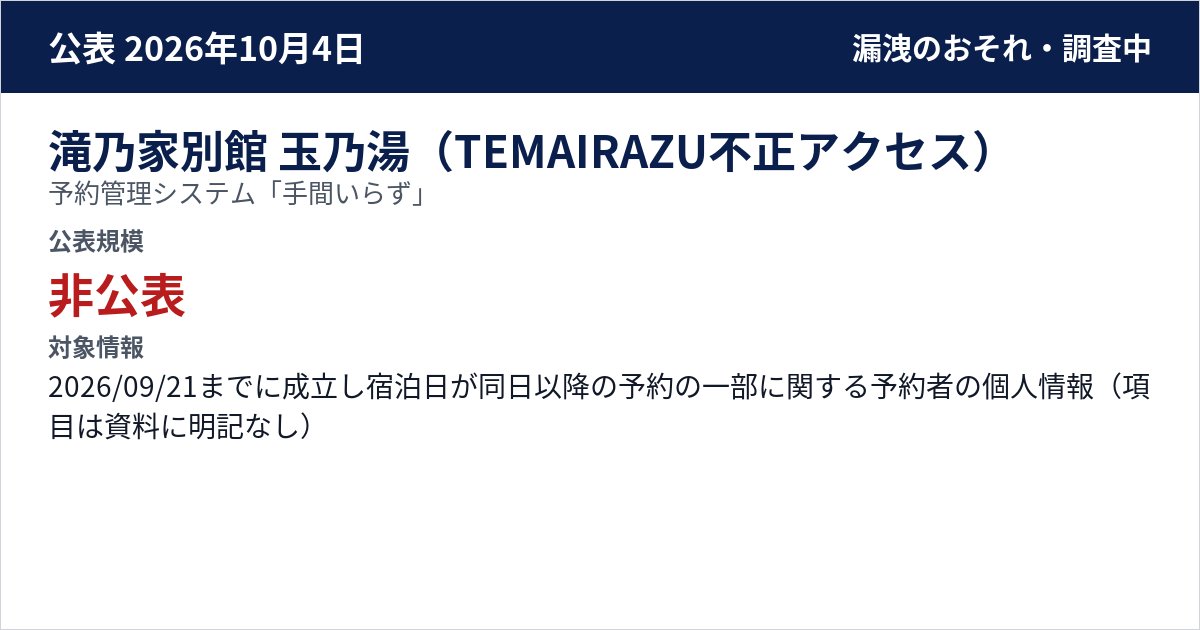 滝乃家別館 玉乃湯(TEMAIRAZU不正アクセス) 予約管理システム「手間いらず」 公表規模:非公表