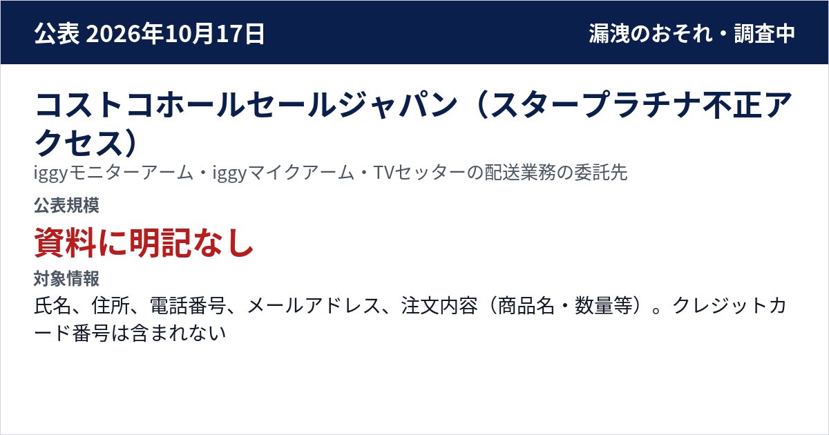 コストコホールセールジャパン(スタープラチナ不正アクセス) iggyモニターアーム・iggyマイクアーム・TVセッターの配送業務の委託先 公表規模:資料に明記なし