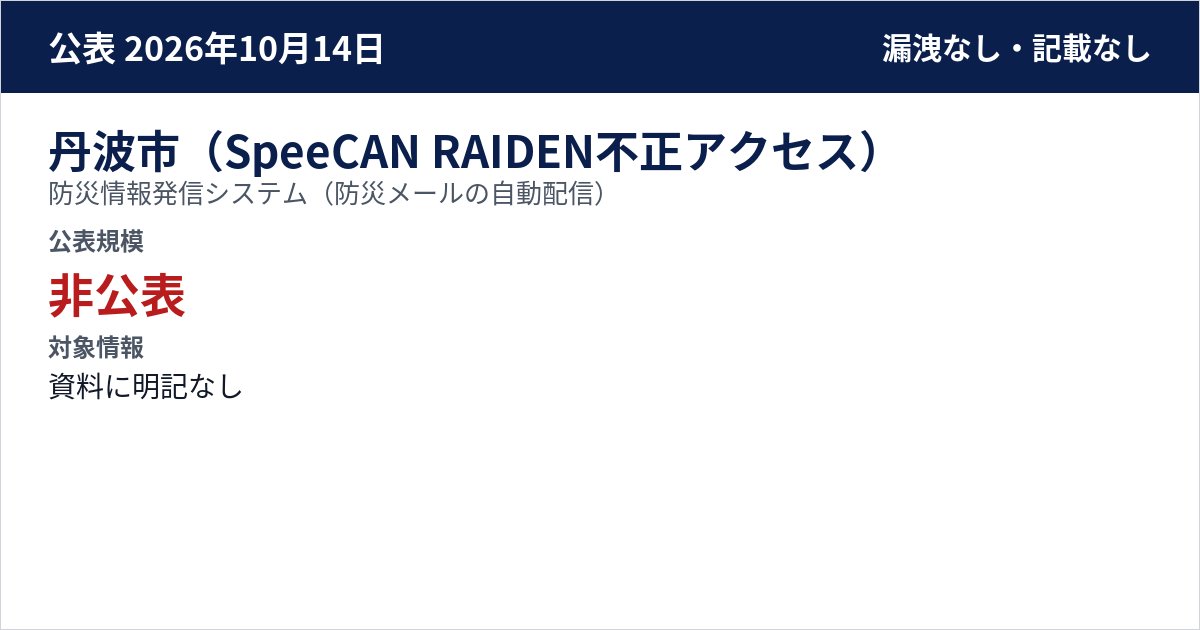 丹波市(SpeeCAN RAIDEN不正アクセス) 防災情報発信システム(防災メールの自動配信) 公表規模:非公表