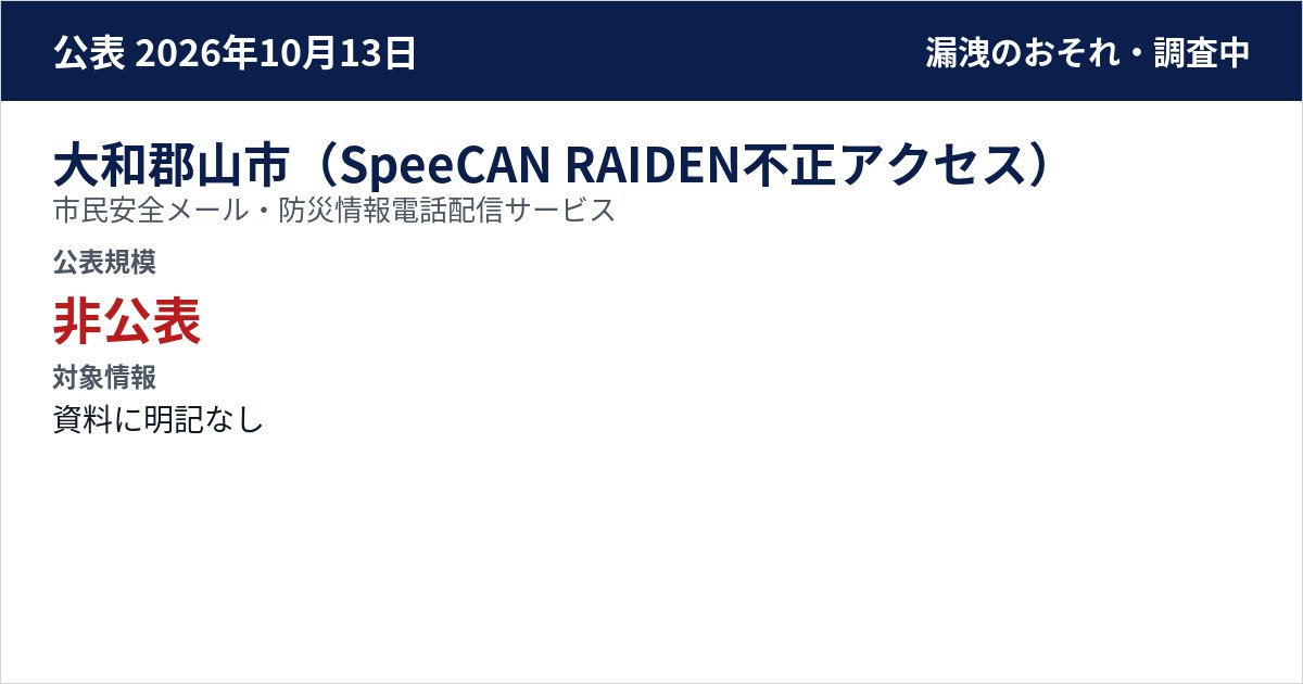大和郡山市(SpeeCAN RAIDEN不正アクセス) 市民安全メール・防災情報電話配信サービス 公表規模:非公表