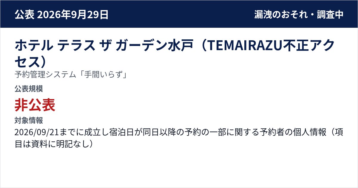 ホテル テラス ザ ガーデン水戸(TEMAIRAZU不正アクセス) 予約管理システム「手間いらず」 公表規模:非公表