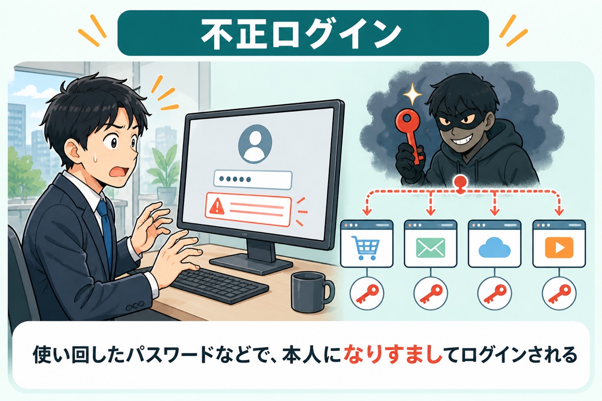 不正ログイン：使い回したパスワードなどで、本人になりすましてログインされる