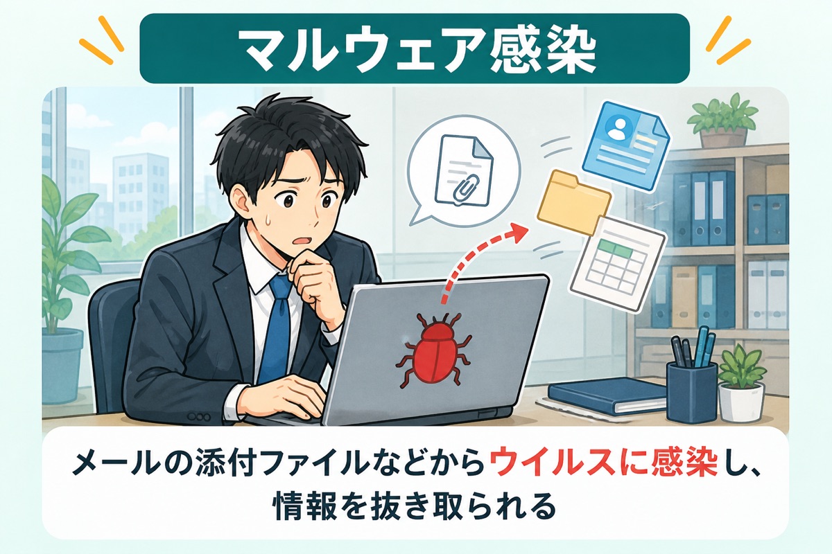 マルウェア感染：メールの添付ファイルなどからウイルスに感染し、情報を抜き取られる