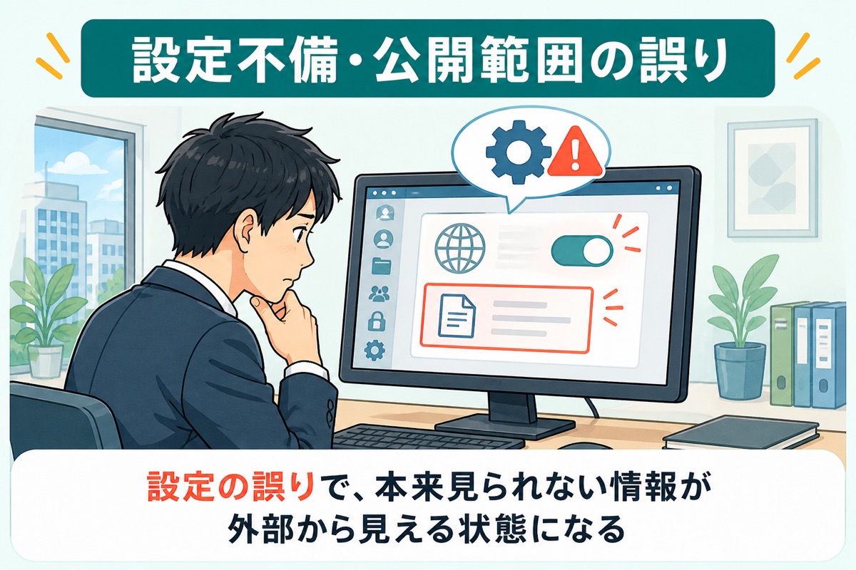 設定不備・公開範囲の誤り：設定の誤りで、本来見られない情報が外部から見える状態になる
