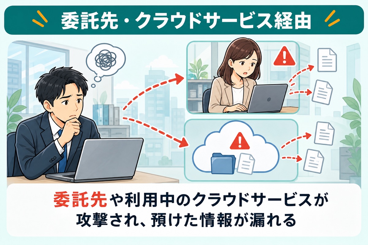 委託先・クラウドサービス経由：委託先や利用中のクラウドサービスが攻撃され、預けた情報が漏れる