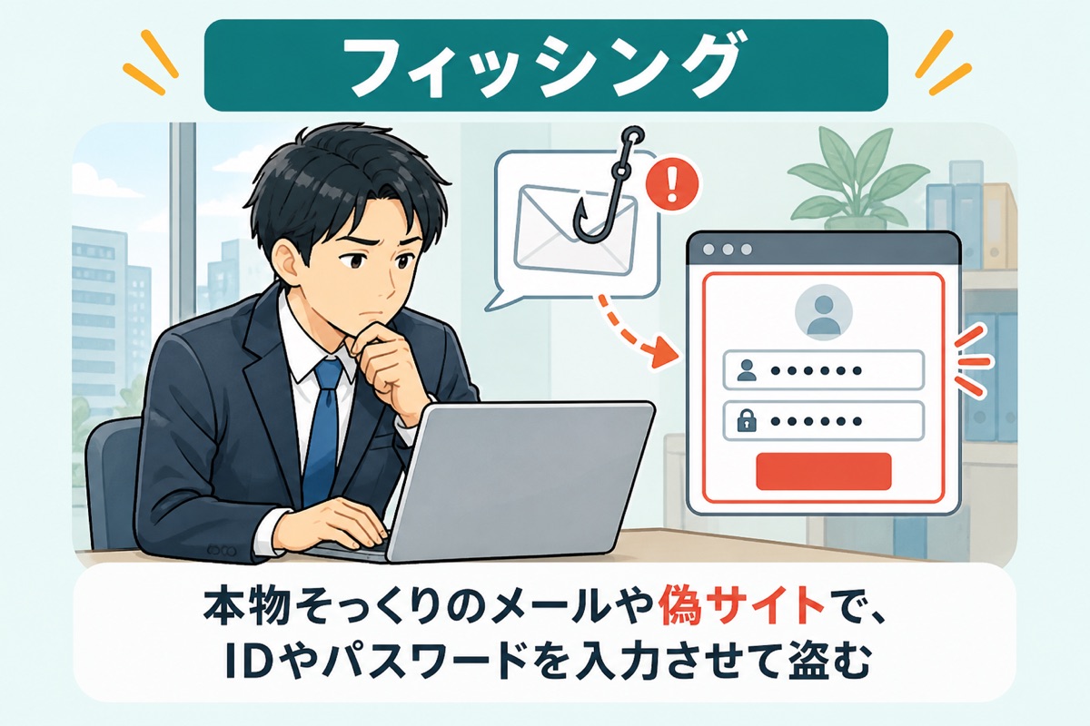 フィッシング：本物そっくりのメールや偽サイトで、IDやパスワードを入力させて盗む
