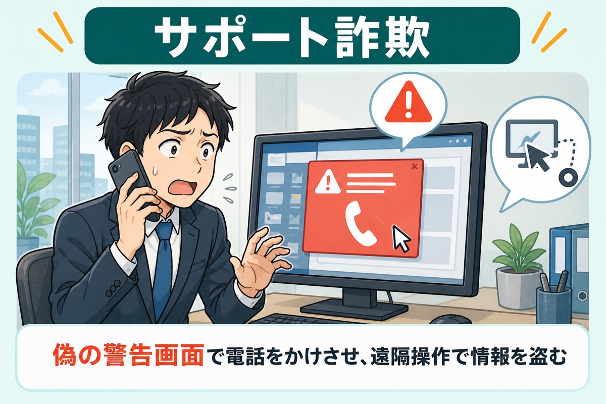 サポート詐欺：偽の警告画面で電話をかけさせ、遠隔操作で情報を盗む