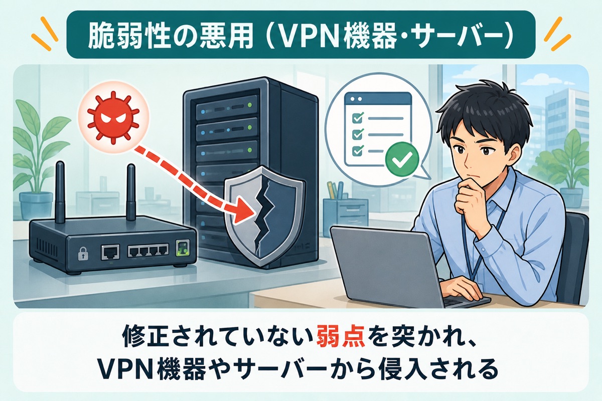 脆弱性の悪用（VPN機器・サーバー）：修正されていない弱点を突かれ、VPN機器やサーバーから侵入される
